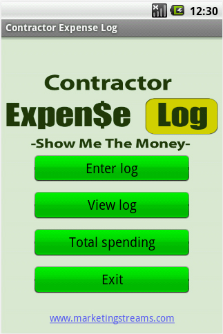 Contractor Expense Log: Need help managing your costs and expenses? The Contractor Expense Log app from Marketing Streams tracks rent, utilities, supplies, property, business travel and meals, loans, taxes, other business expenses, and so on. Running a business has never been so easy!