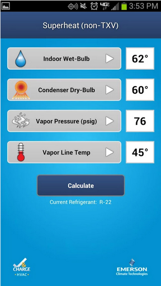 HVAC Check and Charge: This hot little number is based on historic sliding cardboard charge calculators, letting contractors easily calculate correct system refrigerant charge for R-22 or R-410A. You simply choose Subcooling, Superheat, or Airflow and enter the specified system temperatures along with the latent and sensible environmental loads.